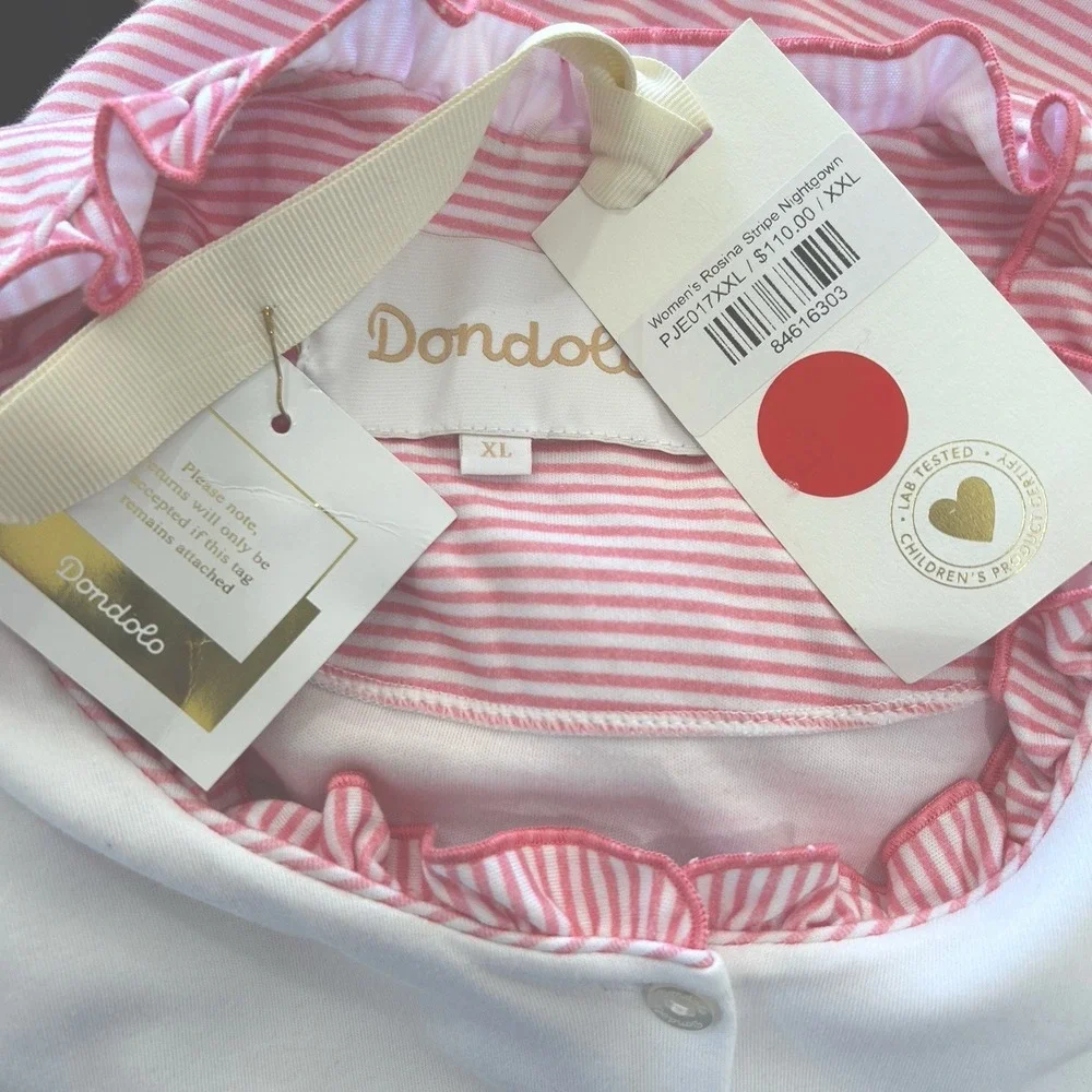 Dondolo‎ Rosina Pima Cotton Nightgown XXL Cottage Striped Pink Ruffle Midi NEW